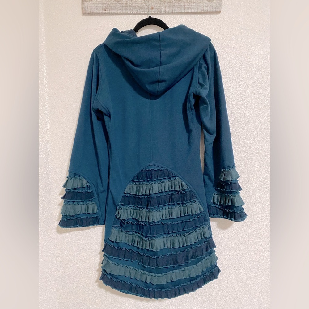 womens Hooded Terricloth Ruffle Jacket Teal Forest Fairy Festival Whimsical